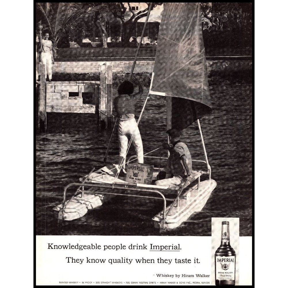 1963 Imperial Whiskey Vintage Print Ad Small Catamaran Sailing Palm Tree Photo